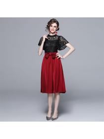 Lace matching Top + Satin Bow Skirt Retro Fashion Umbrella Skirt