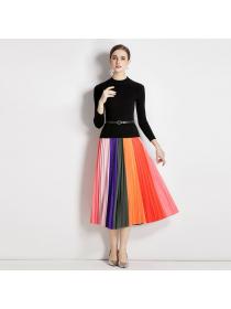 Ladies Knitted top+Colorful Pleated skirt 2pcs set for women