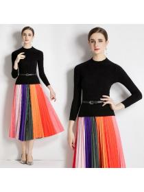 Ladies Knitted top+Colorful Pleated skirt 2pcs set for women