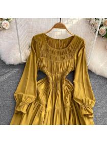 Temperament square-neck pleated long-sleeved dress