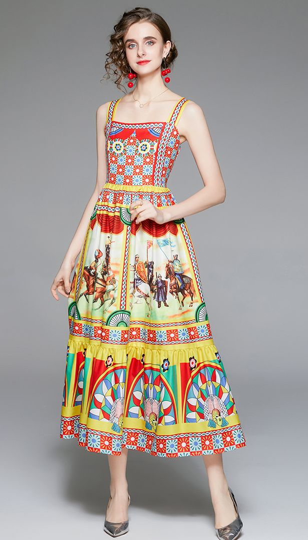 European Style Printing Show Waist Dress