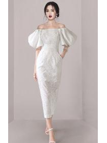 Nobel Style Horn Sleeve Lace Show Waist Dress