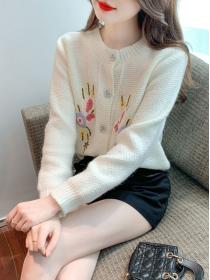 Embroidered knitted cardigan women's fashion design round neck loose cardigans