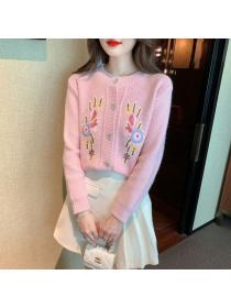 Embroidered knitted cardigan women's fashion design round neck loose cardigans
