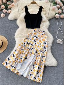 Summer New Square Neck Tank top + Floral Split Skirt Two-piece Set