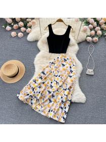 Summer New Square Neck Tank top + Floral Split Skirt Two-piece Set