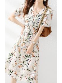 Korean Style Lace Matching Flower Printing Show Waist Dress 
