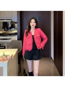 New style high-end rose red tweed temperament ladies short coat