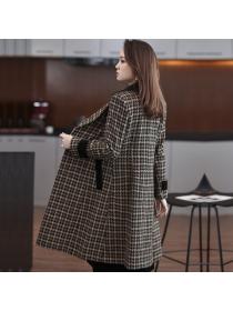 Houndstooth mid-length woolen coat women's Korean style matching Long coat