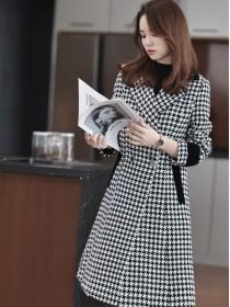 Houndstooth mid-length woolen coat women's Korean style matching Long coat
