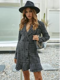European style Winter temperament double-breasted sexy Tweed suit dress