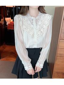 Embroidered lace-paneled shirt for women