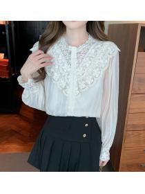 Embroidered lace-paneled shirt for women