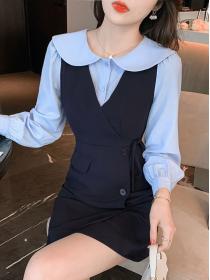 Navy blue fake two-piece long-sleeved dress women's dress