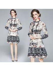 Autumn fashion women's stand collar long sleeve Slim fashion printed chiffon dress