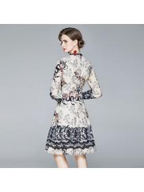 Autumn fashion women's stand collar long sleeve Slim fashion printed chiffon dress