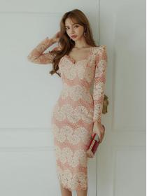 Korean style V-neck long-sleeved Lace slim dress for women