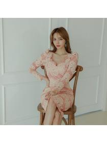 Korean style V-neck long-sleeved Lace slim dress for women