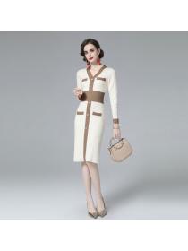 V-neck Fashion Korean style knitted mid-length dress