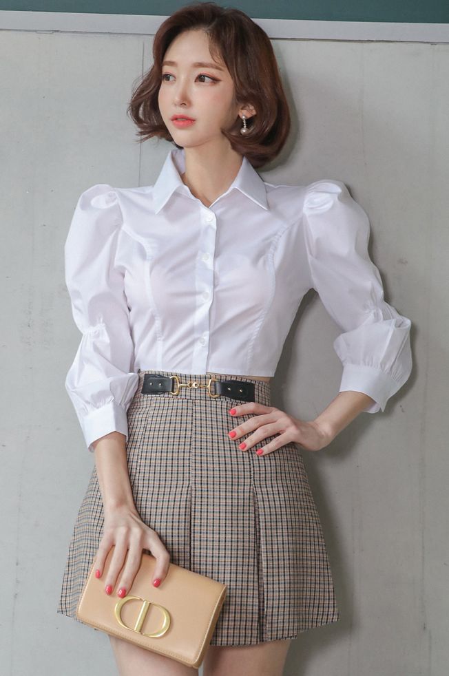 Korean Style Doll Collars Fashion Blouse+Grid Printing Suits