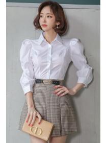Korean Style Doll Collars Fashion Blouse+Grid Printing Suits 