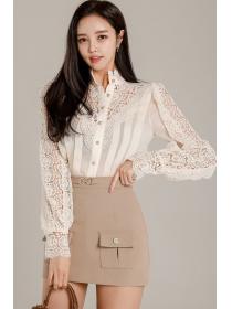 Korean Style  slim stitching lace top fashion package hip mini skirt suit