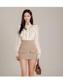 Korean Style  slim stitching lace top fashion package hip mini skirt suit