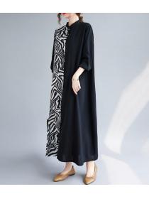 Long Sleeve Zebra Pattern Patchwork Plus Size Women's Clothing  Dress 
