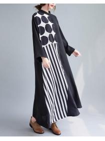 Long Sleeve Wave Pattern Patchwork Plus Size Women's Clothing  Dress 