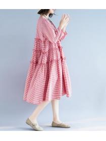 Long Sleeve Leisure Style  Grid Printing Loose Dress