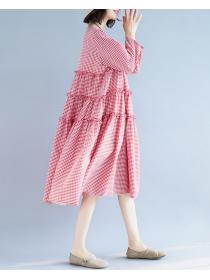Long Sleeve Leisure Style  Grid Printing Loose Dress