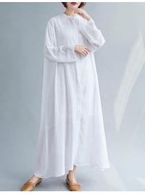Long Sleeve Pure Color Lesiure Style  Loose Dress