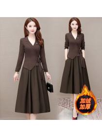 Autumn new Korean style solid color V-neck chic knee-length dress