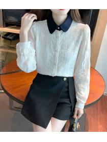 Fashion style Pearl Button Contrast Lapel Shirt