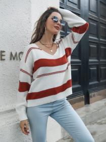 Striped V-neck sweater women's loose long-sleeved Knitted pullover