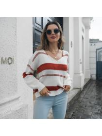 Striped V-neck sweater women's loose long-sleeved Knitted pullover