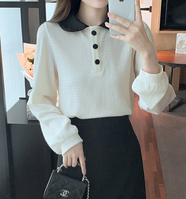 women's doll collar Solid color pleated shirt