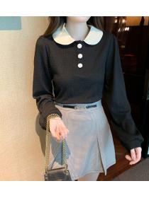 women's doll collar Solid color pleated shirt