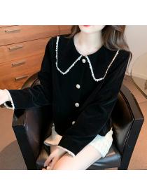 women's doll collar black velvet shirt