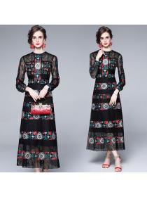 Autumn new retro long-sleeved Elegant style temperament lace Maxi dress