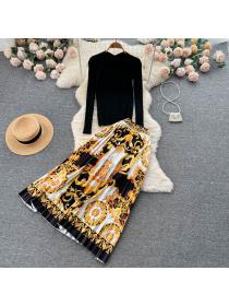 Fashion style Black top+Print Long skirt 2pcs set