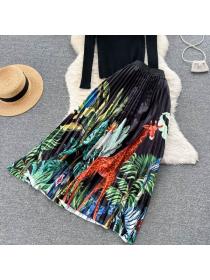 Fashion style Black top+Print Long skirt 2pcs set