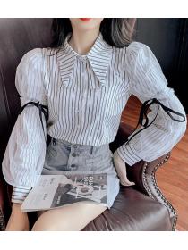 Korean Style Stripe Fashion Lace Matching Blouse 