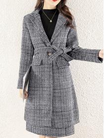 Winter new women's temperament plaid wool coat+skirt two pieces set