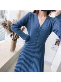 Korea style chic knit dress temperament V-neck sweater dress