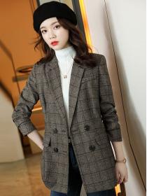 Korean style long plaid blazer for women
