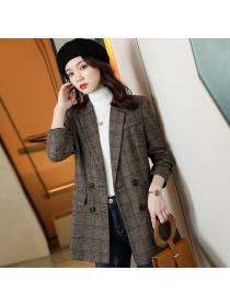 Korean style long plaid blazer for women 