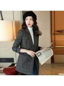 Korean style long plaid blazer for women 