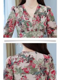 New style women's V-neck Floral dress temperament Slim Maxi dress 