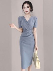 Korean style Short sleeve  mid-waist round neck solid color dress